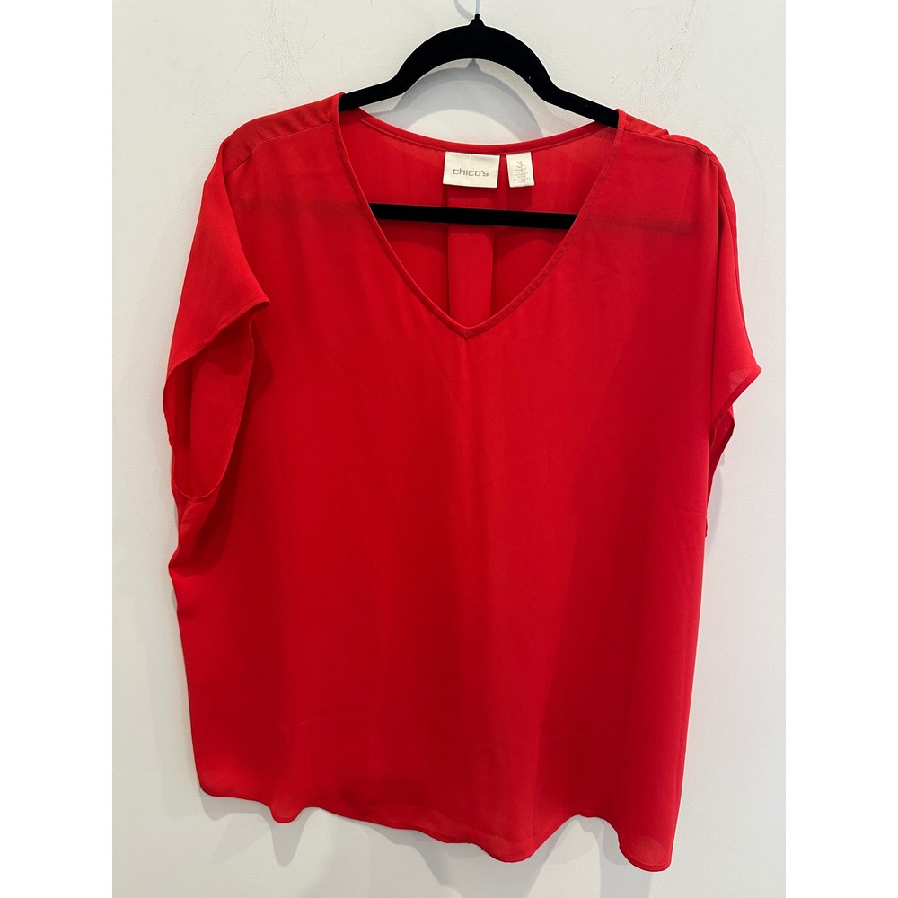 Chicos Red V-Neck Short Sleeve Pleat Back Crepe Blouse Top Size 3 XL